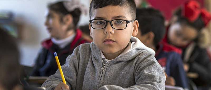 young boy seated in his desk at school